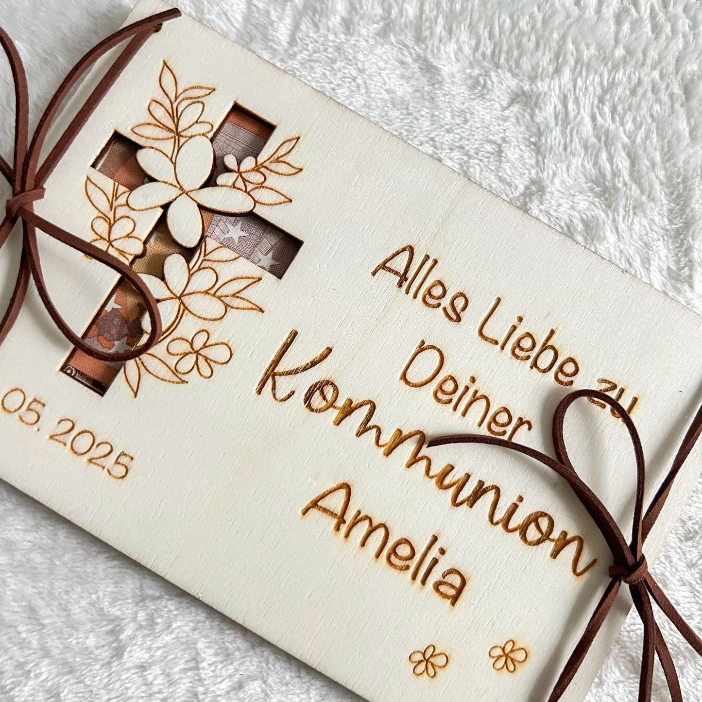 Geldgeschenkkarte zur Kommunion aus Holz  personalisiert mit Name & Datum  Geschenk Kommunion, Firmung, Konfirmation, Taufe  Set 1