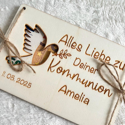 Geldgeschenkkarte zur Kommunion aus Holz  personalisiert mit Name & Datum  Geschenk Kommunion, Firmung, Konfirmation, Taufe  Set 1