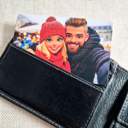 Personalisierte Foto Holzkarte im Checkkartenformat  3D Cartoon Stil  Lindenholz mit Wunschtext & Umschlag