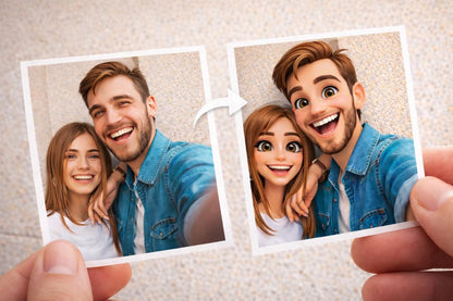 Personalisierte Foto Holzkarte im Checkkartenformat  3D Cartoon Stil  Lindenholz mit Wunschtext & Umschlag