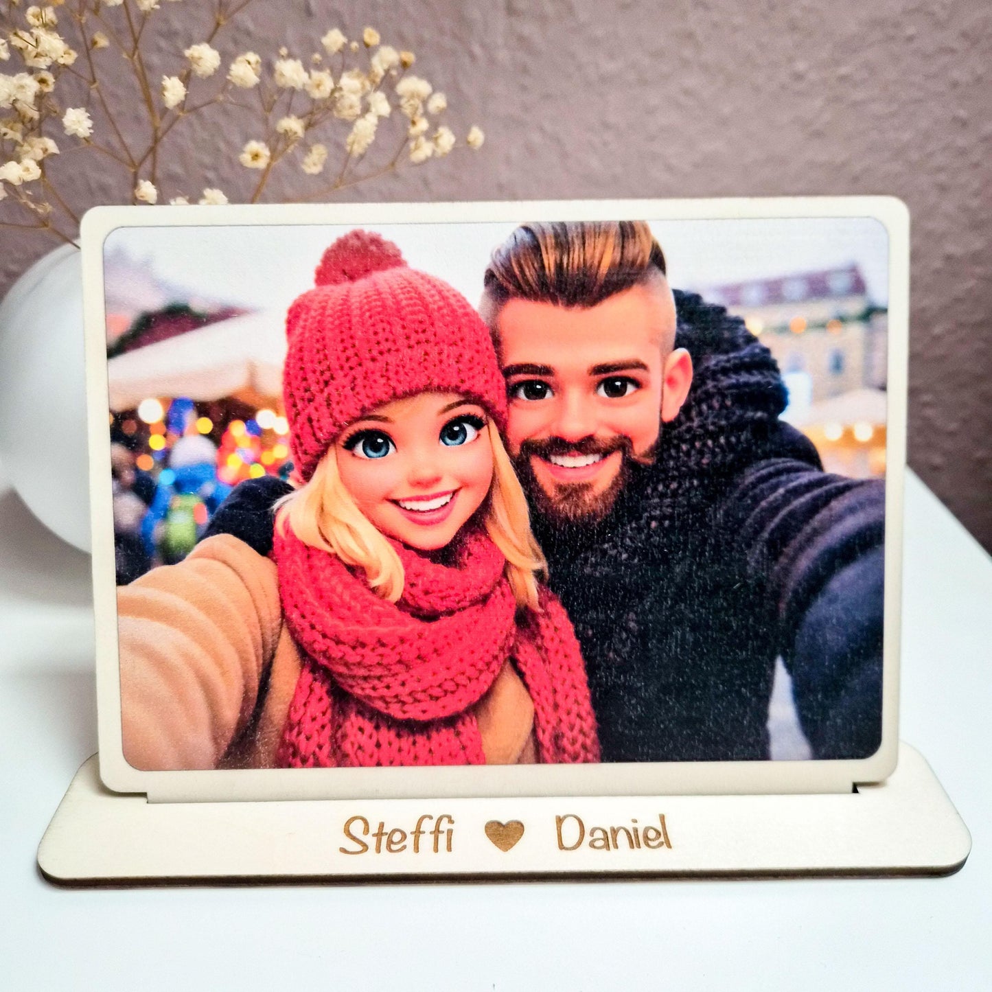Foto auf Holz mit personalisierten Aufsteller mit  3D Cartoon Stil  UV-Druck  Geschenk zu Valentinstag mit Namen oder Wunschtext