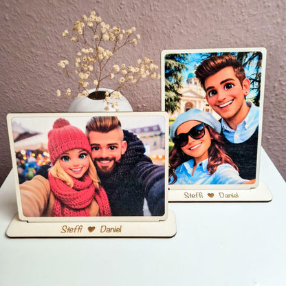 Foto auf Holz mit personalisierten Aufsteller mit  3D Cartoon Stil  UV-Druck  Geschenk zu Valentinstag mit Namen oder Wunschtext