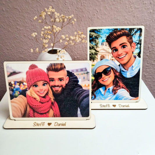 Foto auf Holz mit personalisierten Aufsteller mit  3D Cartoon Stil  UV-Druck  Geschenk zu Valentinstag mit Namen oder Wunschtext