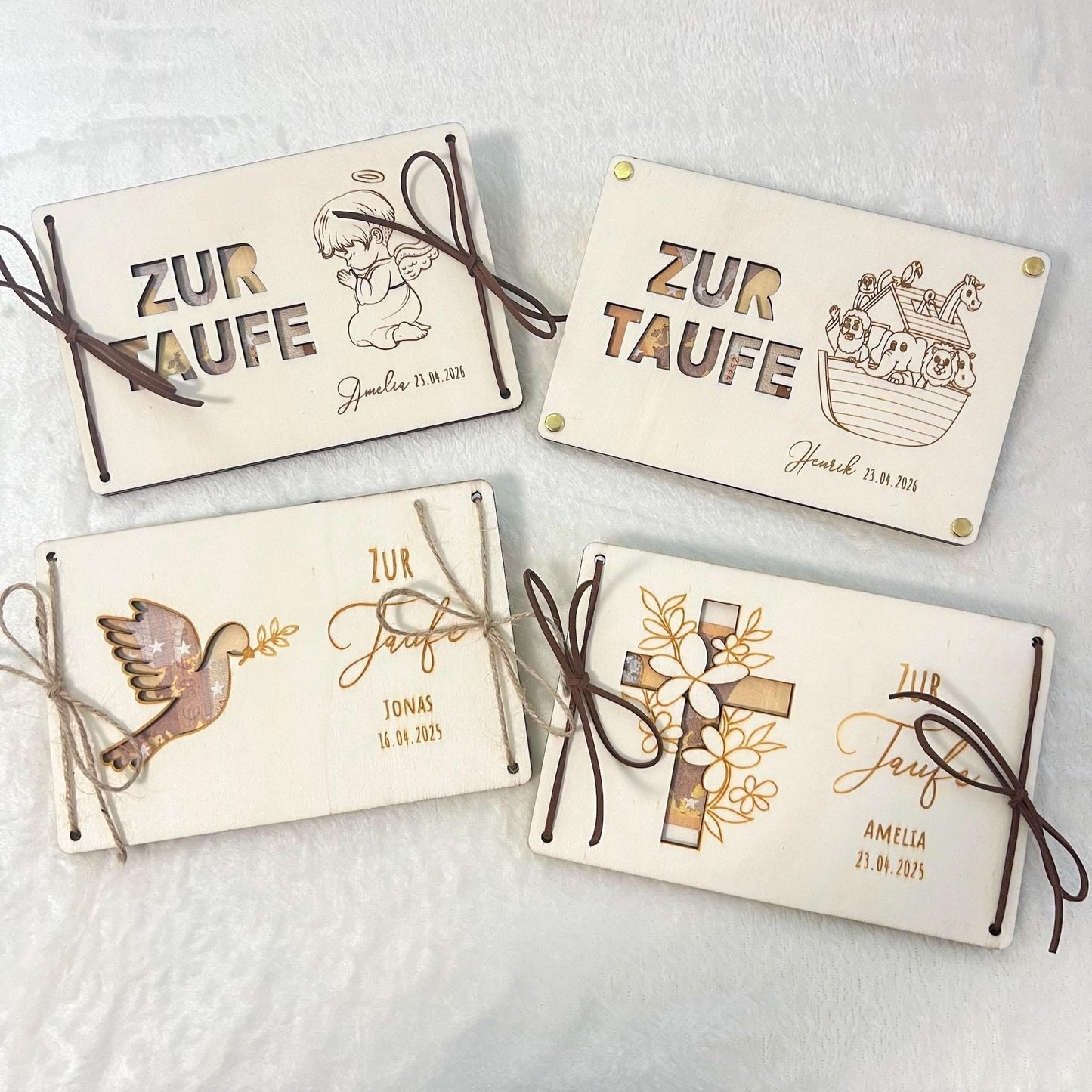Geldgeschenkkarte zur Taufe aus Holz  personalisiert mit Name & Datum  Taufgeschenk Holz Karte  Set 1