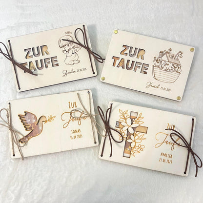 Geldgeschenkkarte zur Taufe aus Holz  personalisiert mit Name & Datum  Taufgeschenk Holz Karte  Set 1