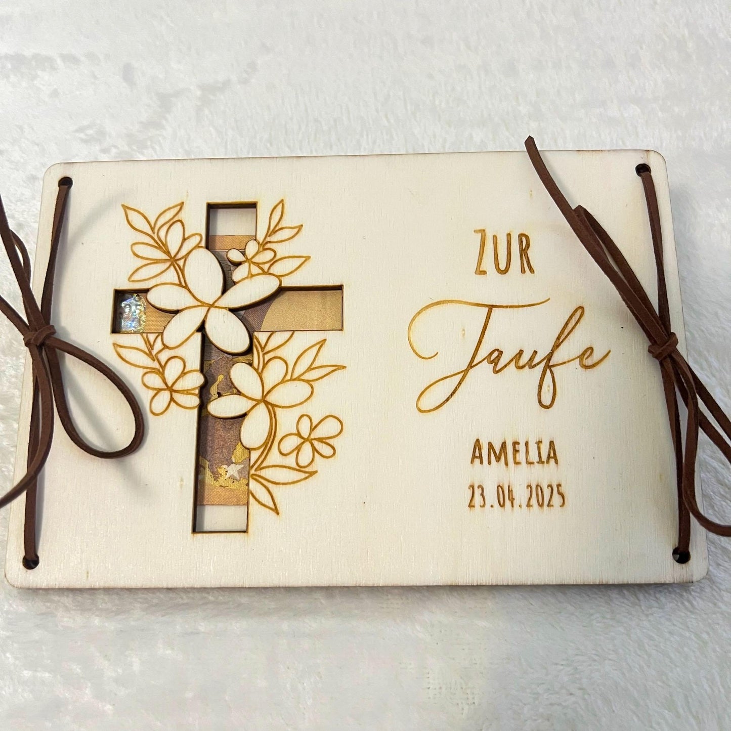 Geldgeschenkkarte zur Taufe aus Holz  personalisiert mit Name & Datum  Taufgeschenk Holz Karte  Set 1