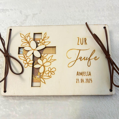 Geldgeschenkkarte zur Taufe aus Holz  personalisiert mit Name & Datum  Taufgeschenk Holz Karte  Set 1