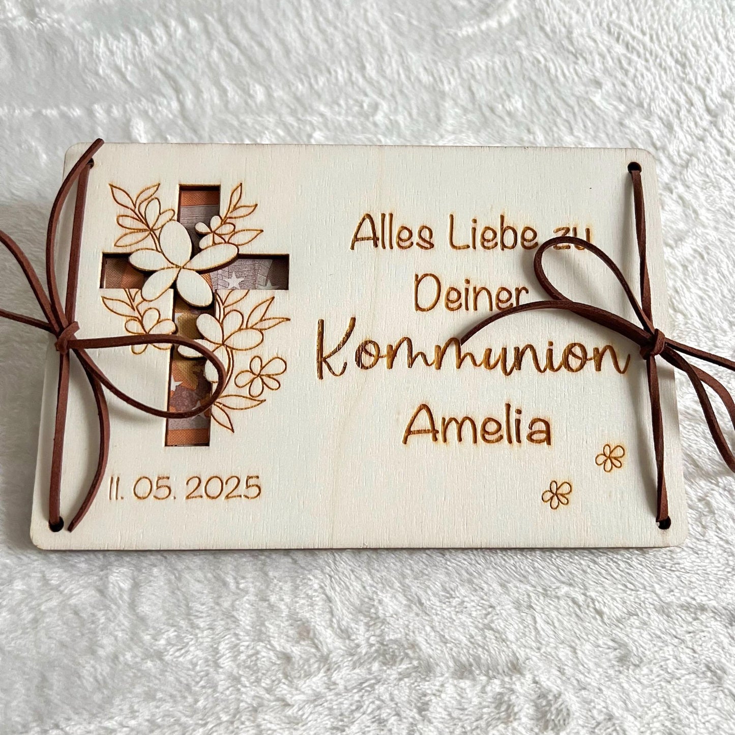 Geldgeschenkkarte zur Kommunion aus Holz  personalisiert mit Name & Datum  Geschenk Kommunion, Firmung, Konfirmation, Taufe  Set 1