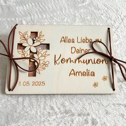 Geldgeschenkkarte zur Kommunion aus Holz  personalisiert mit Name & Datum  Geschenk Kommunion, Firmung, Konfirmation, Taufe  Set 1