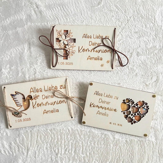 Geldgeschenkkarte zur Kommunion aus Holz  personalisiert mit Name & Datum  Geschenk Kommunion, Firmung, Konfirmation, Taufe  Set 1