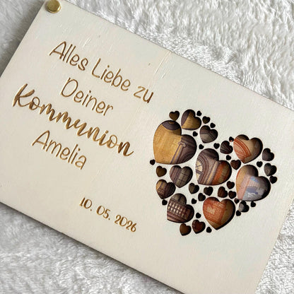 Geldgeschenkkarte zur Kommunion aus Holz  personalisiert mit Name & Datum  Geschenk Kommunion, Firmung, Konfirmation, Taufe  Set 1