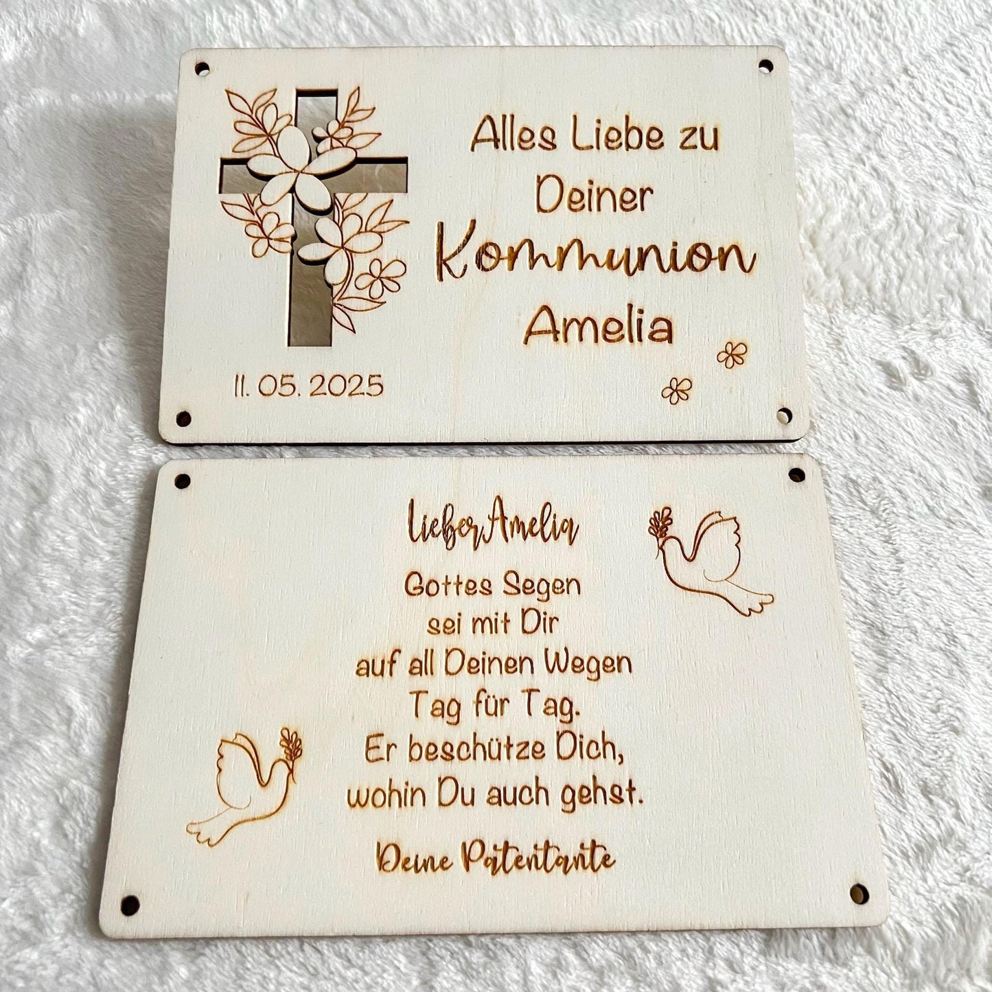 Geldgeschenkkarte zur Kommunion aus Holz  personalisiert mit Name & Datum  Geschenk Kommunion, Firmung, Konfirmation, Taufe  Set 1