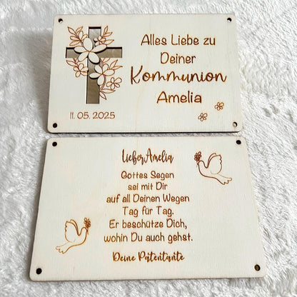 Geldgeschenkkarte zur Kommunion aus Holz  personalisiert mit Name & Datum  Geschenk Kommunion, Firmung, Konfirmation, Taufe  Set 1
