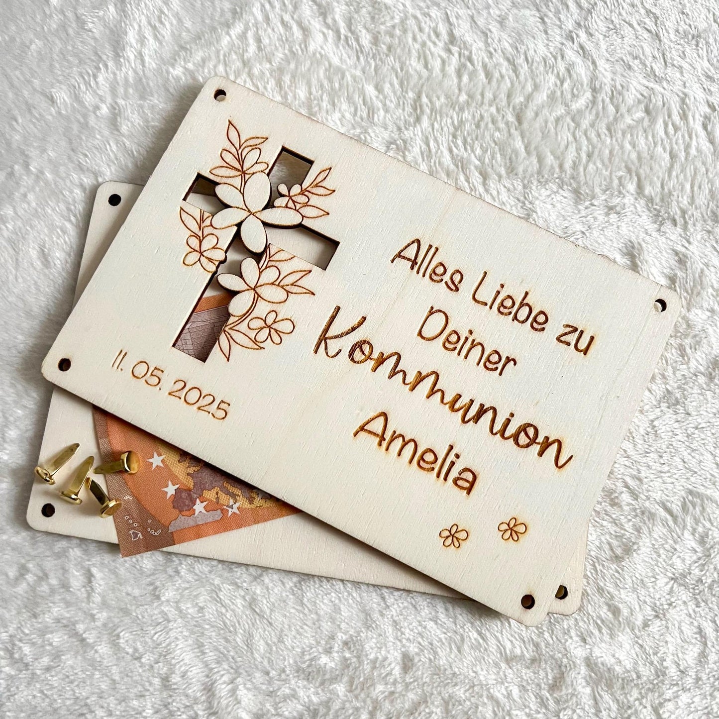 Geldgeschenkkarte zur Kommunion aus Holz  personalisiert mit Name & Datum  Geschenk Kommunion, Firmung, Konfirmation, Taufe  Set 1