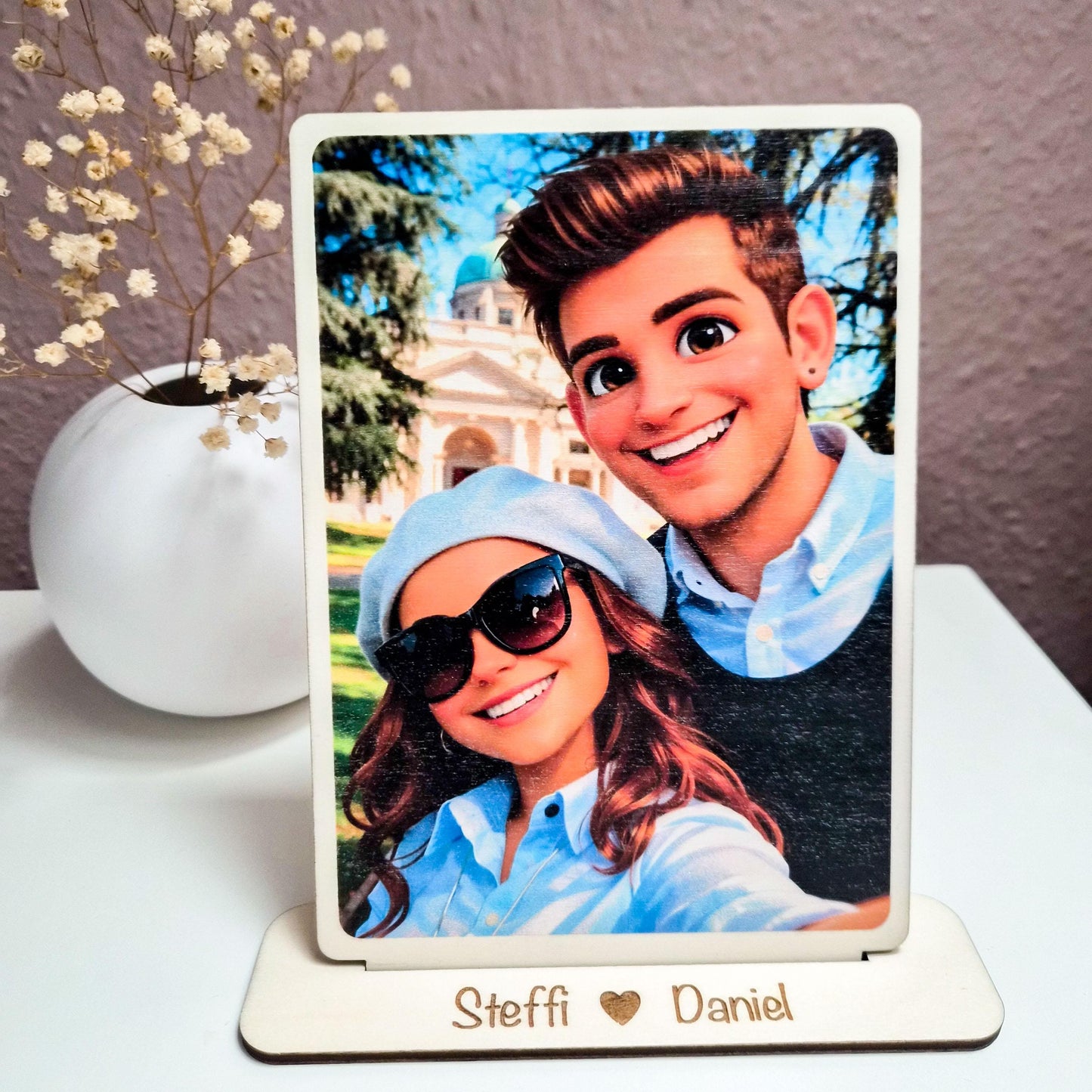 Foto auf Holz mit personalisierten Aufsteller mit  3D Cartoon Stil  UV-Druck  Geschenk zu Valentinstag mit Namen oder Wunschtext